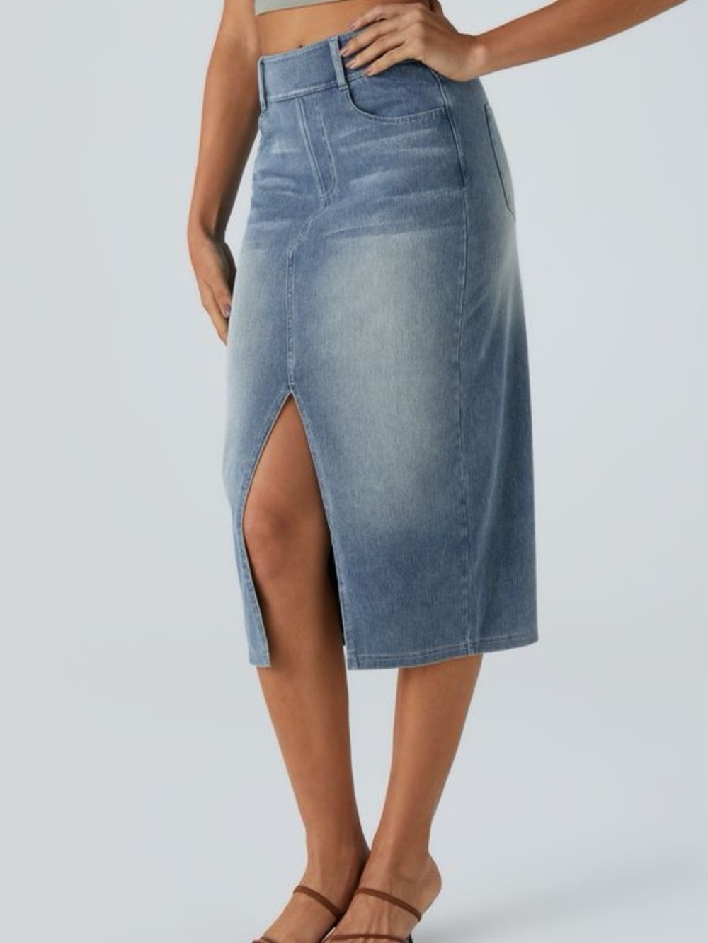 Halara Light Denim Blue Women's Stretch Midi Skirt Size Medium